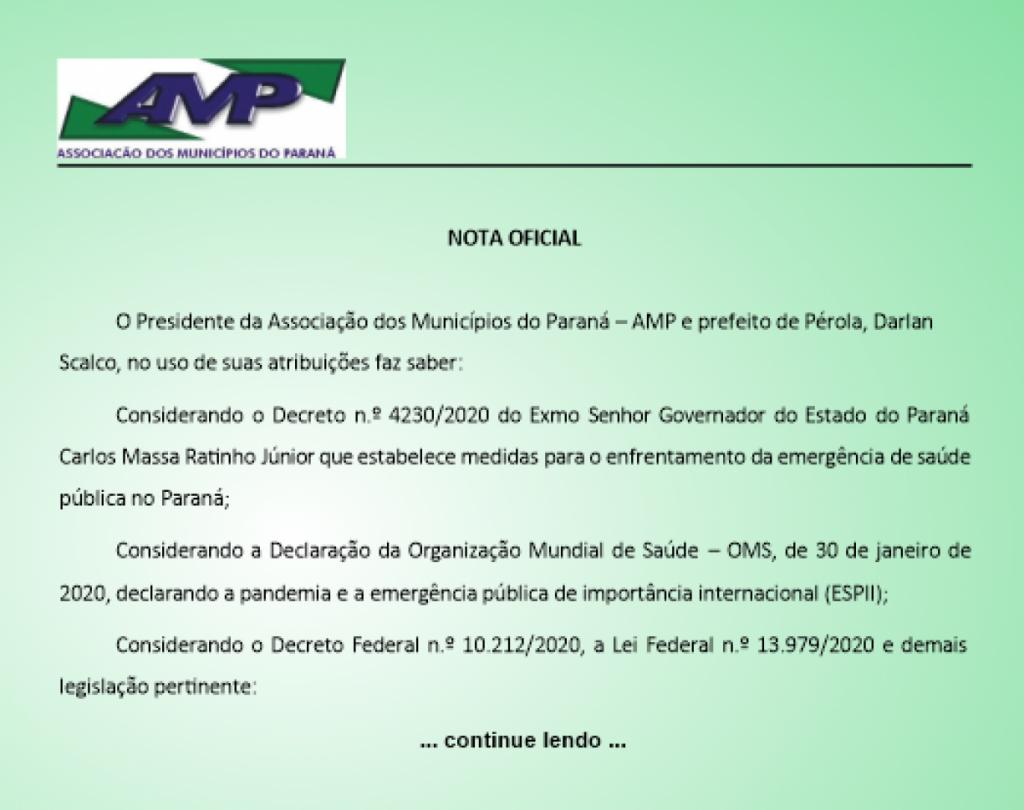 Nota Oficial da AMP - Associação dos Municípios do Paraná